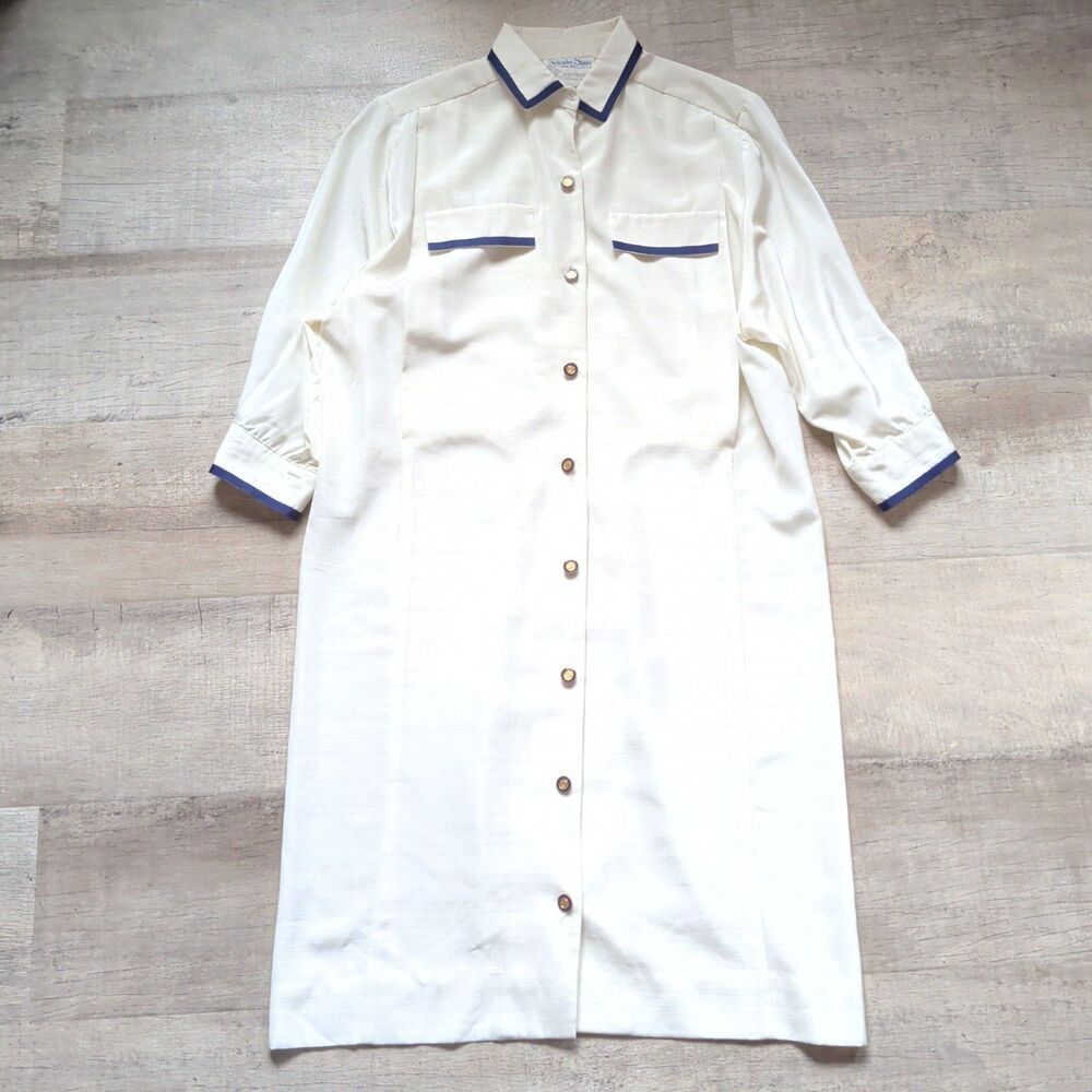 Button Down Shift Shirt 1960-1970’s Dress By Schrader Sport Off White Size 10